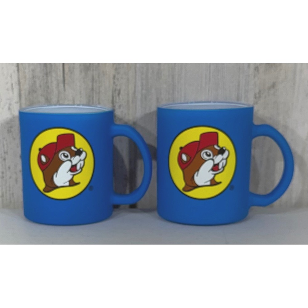 Buc-ees Coffee Mug Set 2 Blue Matte Finish Beaver Logo Texas Road Trip Souvenir